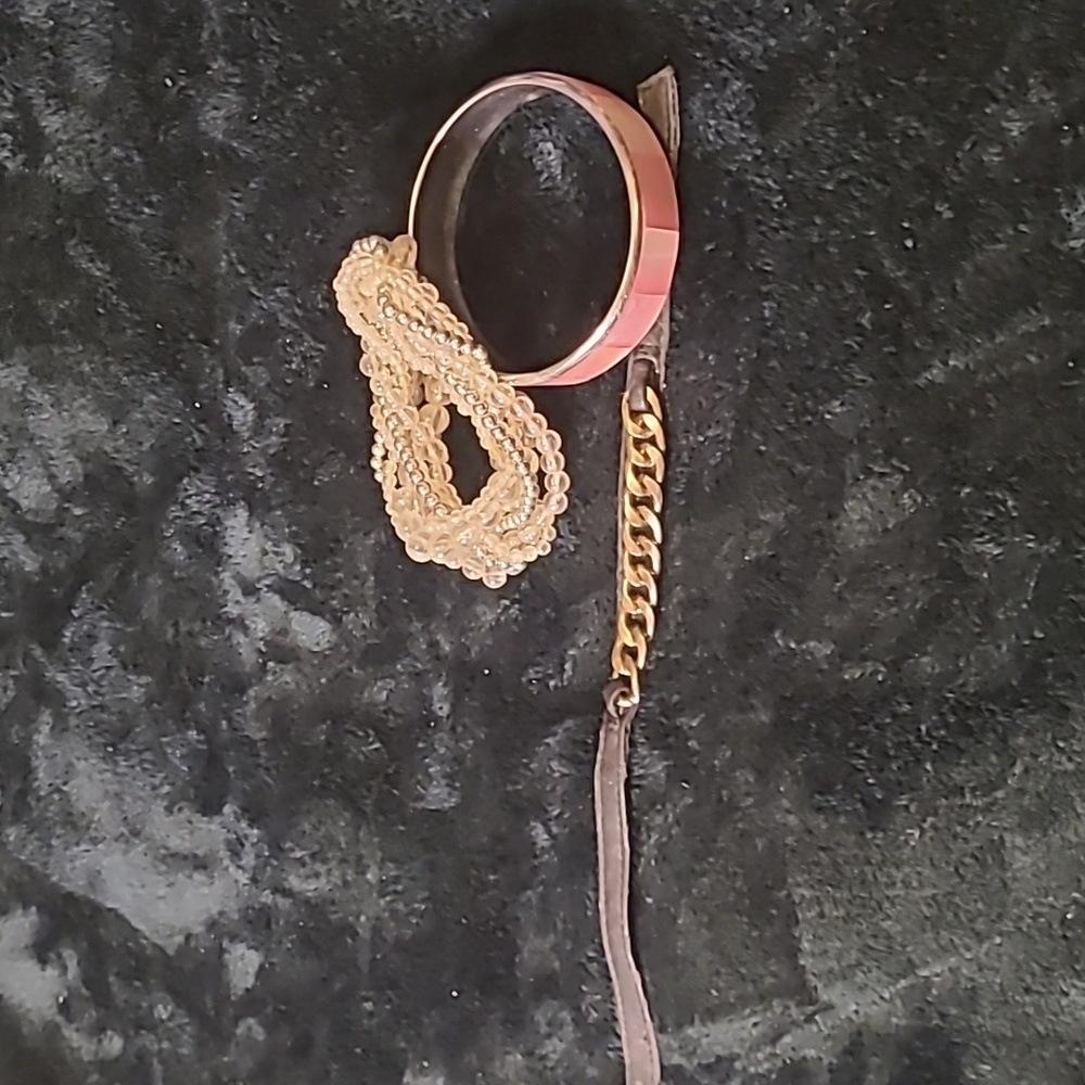 Elegant Pink and Gold Bangle . White With Faux Pearls. Vintage Leather